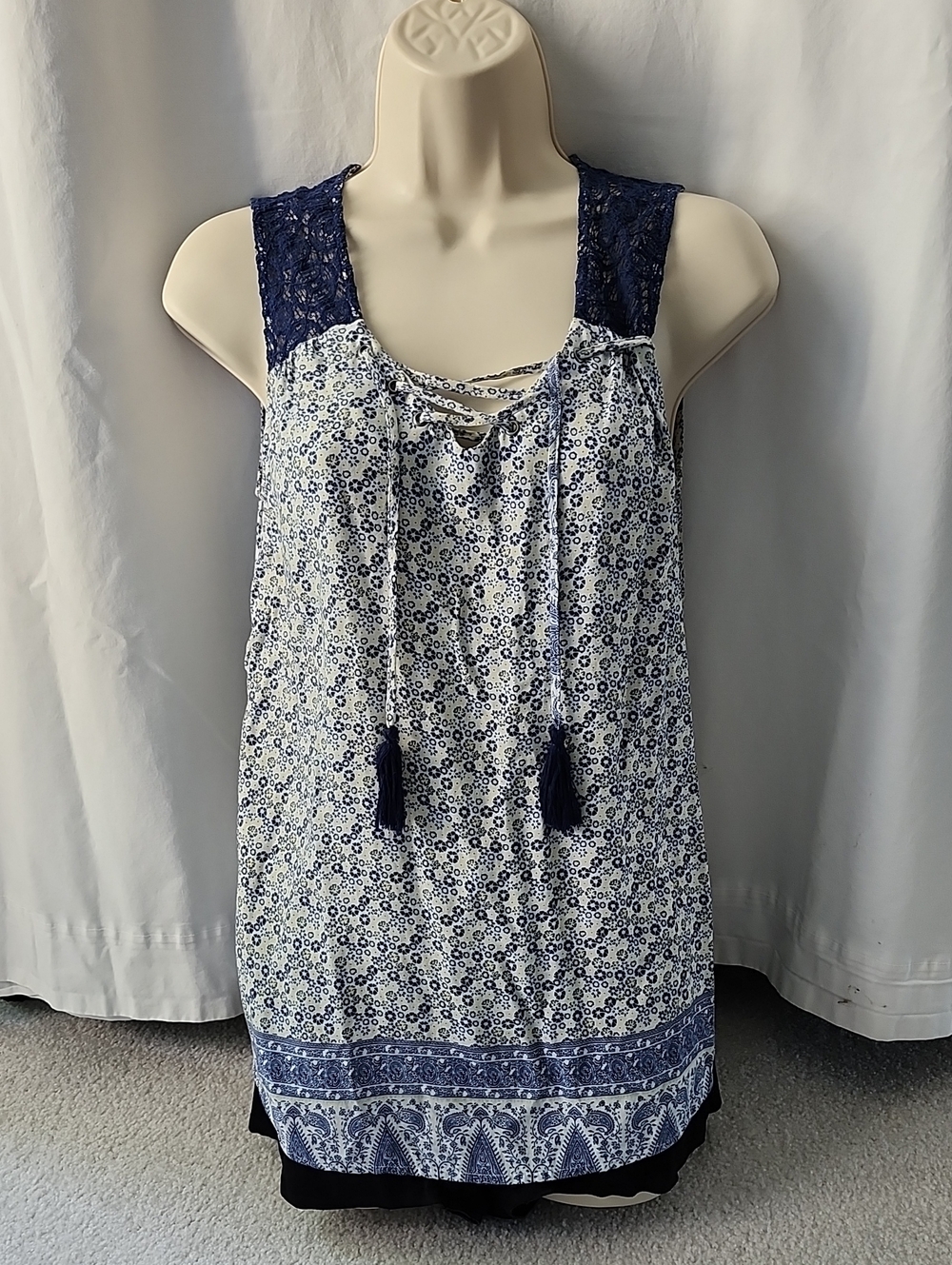 Navy Floral Lace-Shoulder Tie-Front Tank Top